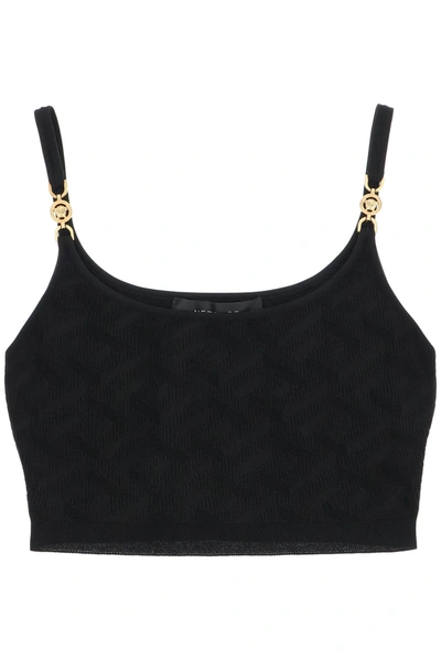Shop Versace La Greca Knitted Cropped Top In Black (black)