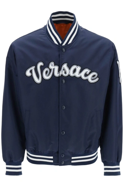 Shop Versace Varsity Nylon Bomber Jacket In Blue Navy Yagi (blue)