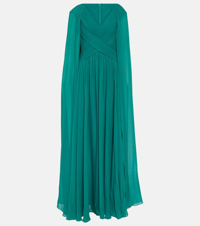 Shop Elie Saab Caped Silk-blend Gown In Green