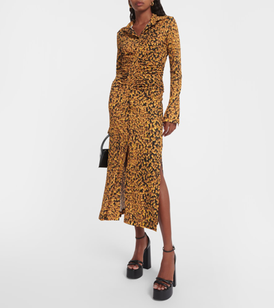 Altuzarra Claudia Feather Print Ruched Long Sleeve Shirtdress In Orange