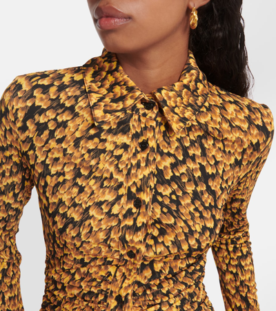 Altuzarra Claudia Feather Print Ruched Long Sleeve Shirtdress In Orange