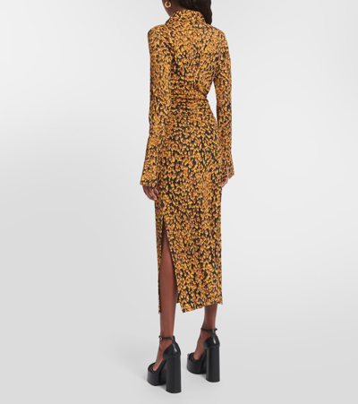 Altuzarra Claudia Feather Print Ruched Long Sleeve Shirtdress In Orange