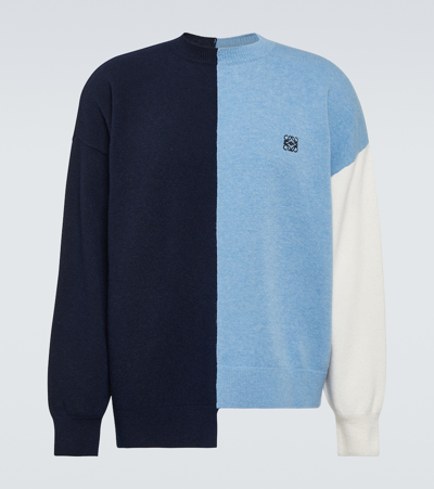 Shop Loewe Anagram Colorblocked Wool-blend Sweater In Blue