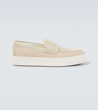 Shop Christian Louboutin Paqueboat Canvas And Leather Loafers In Beige