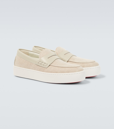 Shop Christian Louboutin Paqueboat Canvas And Leather Loafers In Beige