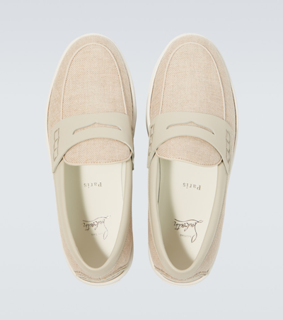 Shop Christian Louboutin Paqueboat Canvas And Leather Loafers In Beige