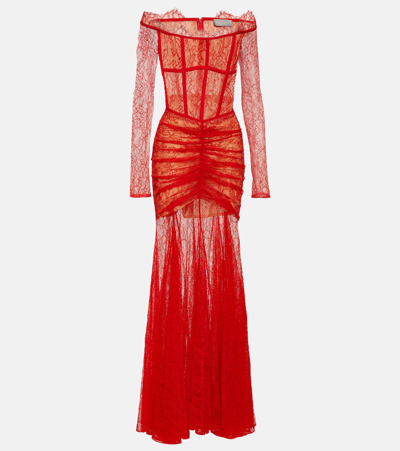 Shop Rasario Strapless Lace Gown In Red