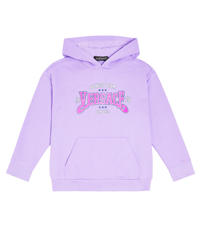 Shop Versace Logo Cotton Jersey Hoodie In Purple