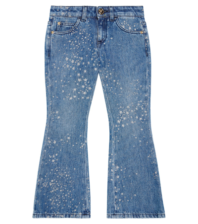 Shop Versace Printed Flared Jeans In Blue