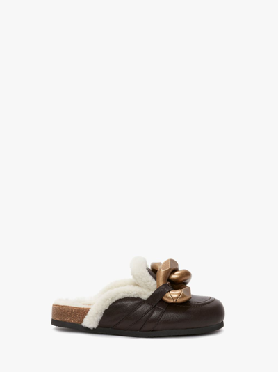 Shop Jw Anderson Chain Loafer Shearling Mules In Brown