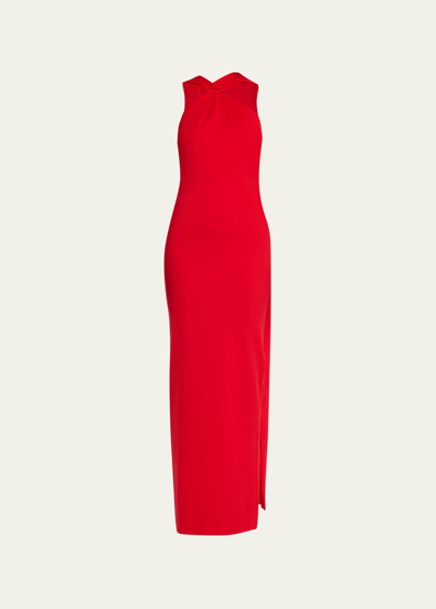 Shop Roland Mouret Asymmetric Halter Cady Column Maxi Dress In Bright Red