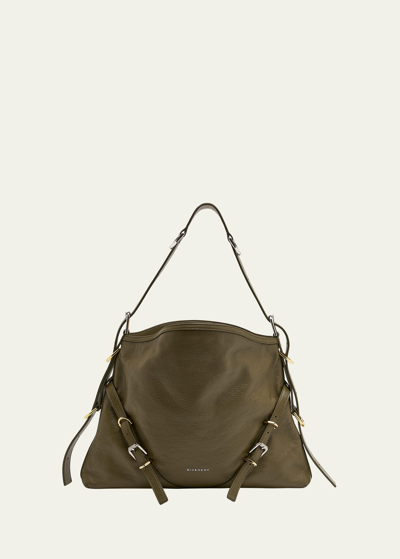 Shop Givenchy Medium Voyou Buckle Shoulder Bag In Tumbled Leather In 313 Dark Khaki