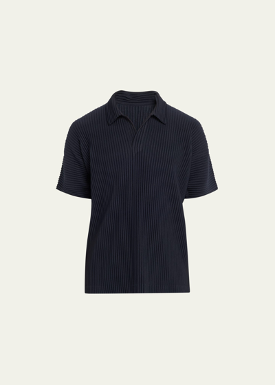 Shop Issey Miyake Men's Pleated Polyester Basic Polo Shirt In Navy