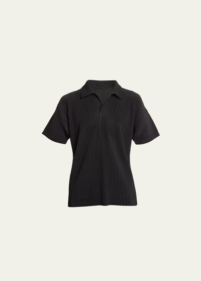Shop Issey Miyake Men's Pleated Polyester Basic Polo Shirt In Black