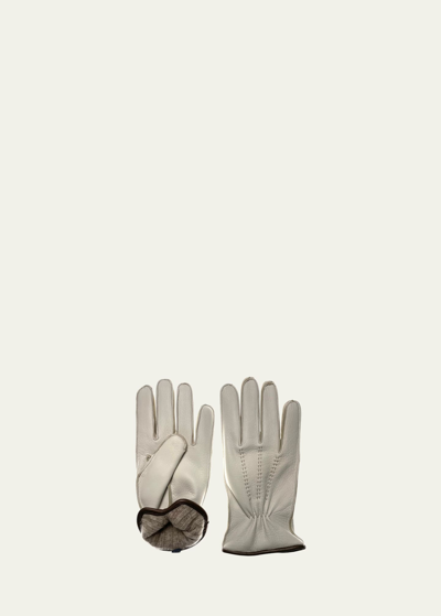 Shop Bergdorf Goodman Men's Cashmere-lined Deerskin Leather Gloves In Panna