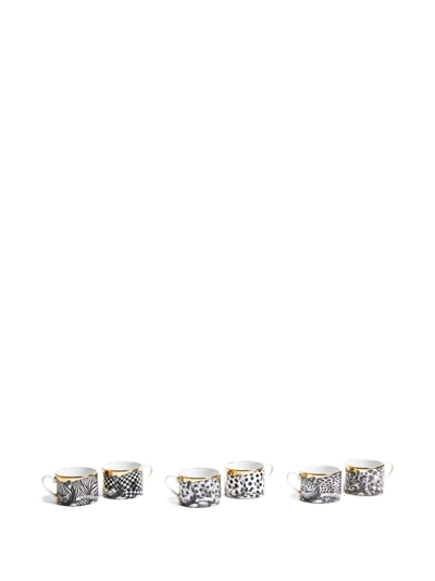 Fornasetti High Fidelity Cat Tea Cups (set Of Six) In Black