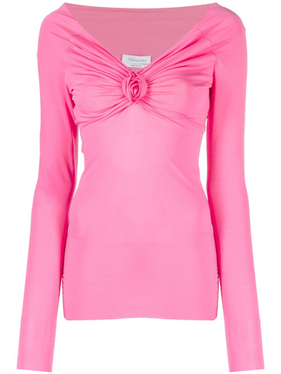 Shop Blumarine Rose-appliqué Long-sleeved Blouse In Pink