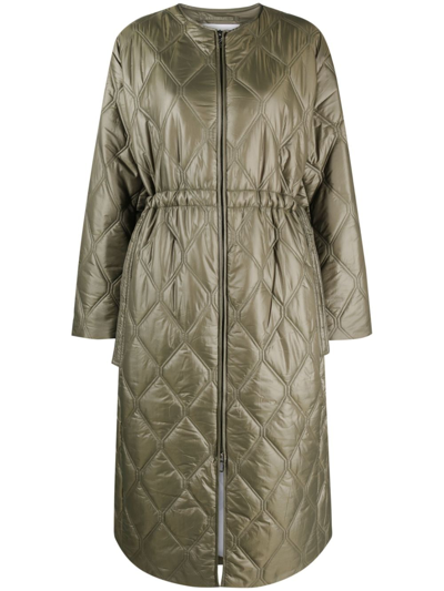 Shop Ganni Drawstring Quilted Coat In Green