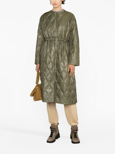 Ganni Shiny Quilted Long Coat In Green