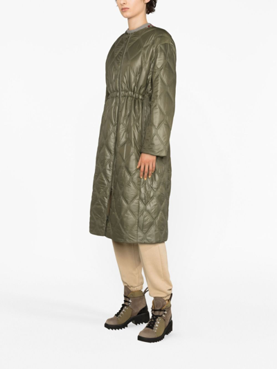 Ganni Shiny Quilted Long Coat In Green