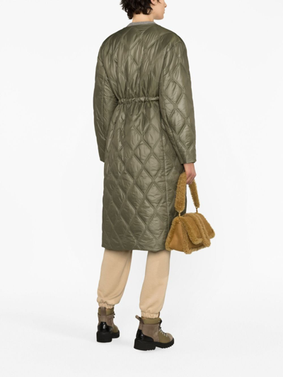 Ganni Shiny Quilted Long Coat In Green