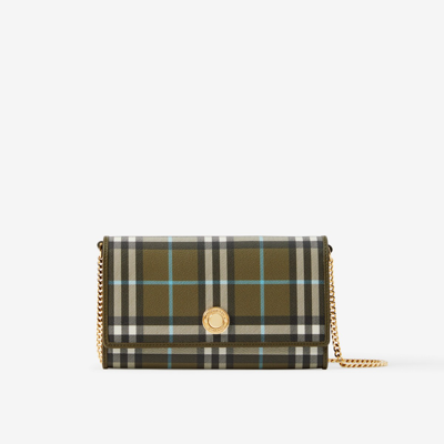 Shop Burberry Check Wallet With Chain Strap In Olive Green