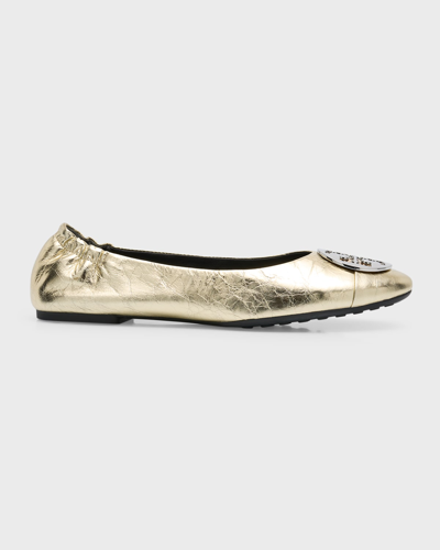 Shop Tory Burch Claire Metallic Medallion Ballerina Flats In Crash Gold Gold