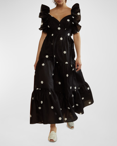 Shop Cynthia Rowley Sleeveless Polka Dot Ruffle Maxi Dress In Blkwt