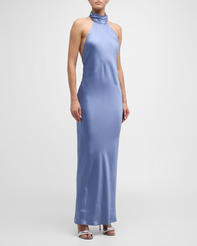 Shop Ramy Brook Tatiana Low-cut Halter Column Gown In Steel Blue