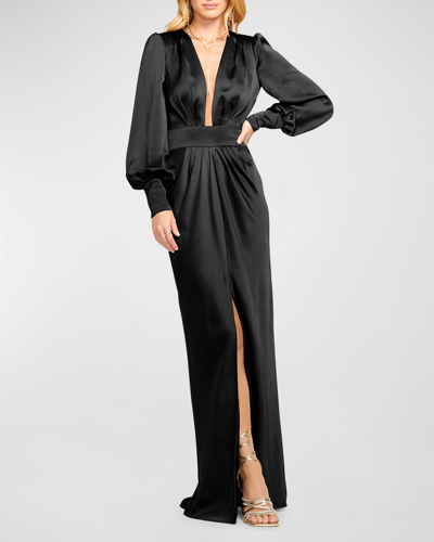 Shop Ramy Brook Madelane Blouson-sleeve Deep V-neck Gown In Black