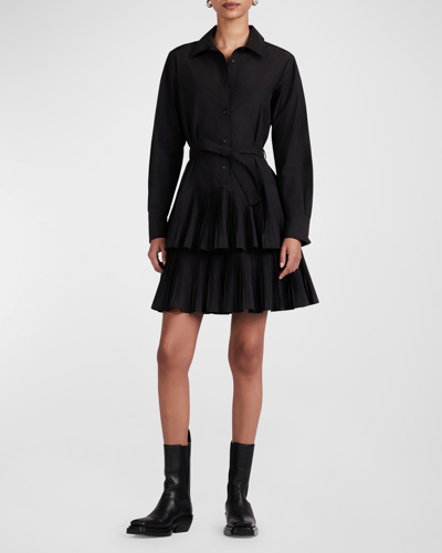 Shop Derek Lam 10 Crosby Sterling Long-sleeve Pleated Mini Shirtdress In Black