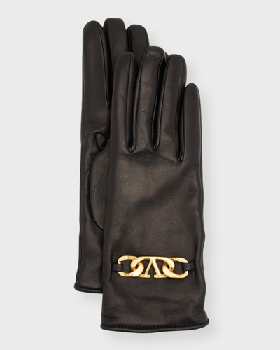 Shop Valentino V-logo Chain Leather & Cashmere Gloves In Nero