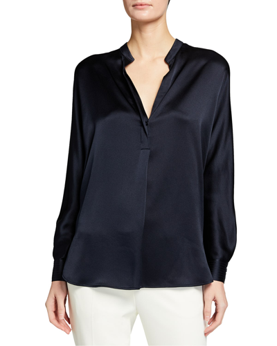 Vince Silk Satin Band Collar Blouse In Blue