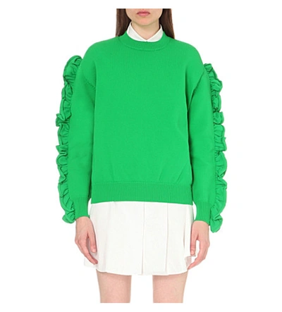 Shop Victoria Victoria Beckham Ruffle-trim Knitted Jumper In Absinthe