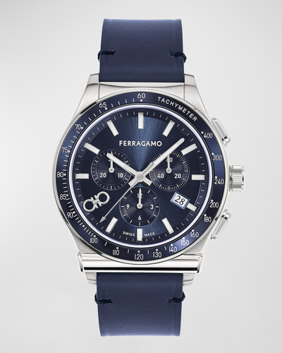 Shop Ferragamo Men's 42mm  1927 Chrono Watch With Leather Strap, Blue In Stainless Steel