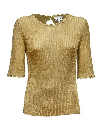 Shop Ganni Open Back Metallic Knitted Top In Gold