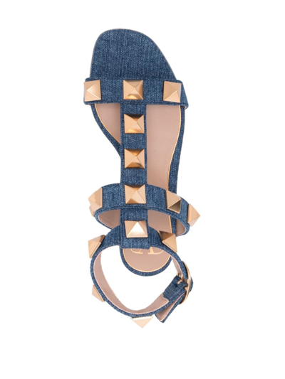 Shop Valentino Roman Stud Denim Sandals In Blue