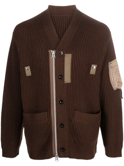 Shop Sacai Asymmetric Zip-up Ribbed Cardigan In Brown