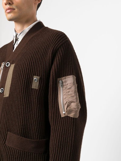 Shop Sacai Asymmetric Zip-up Ribbed Cardigan In Brown