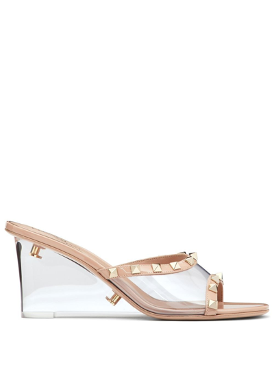 Valentino Rockstud-embellished Wedge Mules In Neutrals
