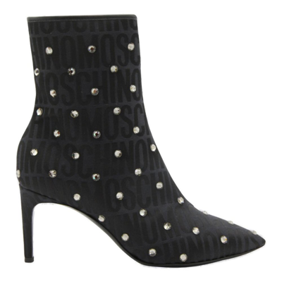 Shop Moschino Allover Logo Rhinestone Ankle Boots In Black