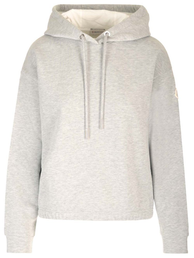 Shop Moncler Logo Embellished Drawstring Hoodie In Grey