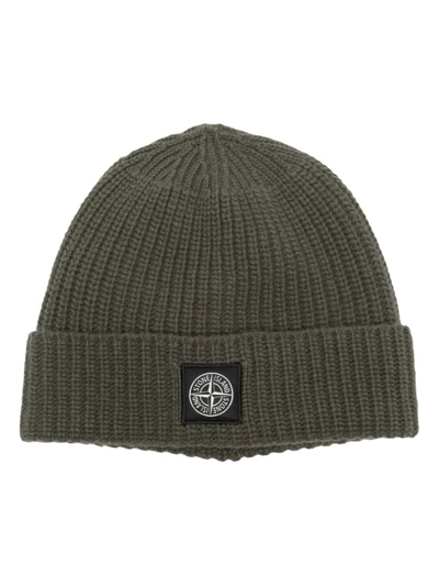 Shop Stone Island Logo Patch Ribbed Knit Beanie In Green