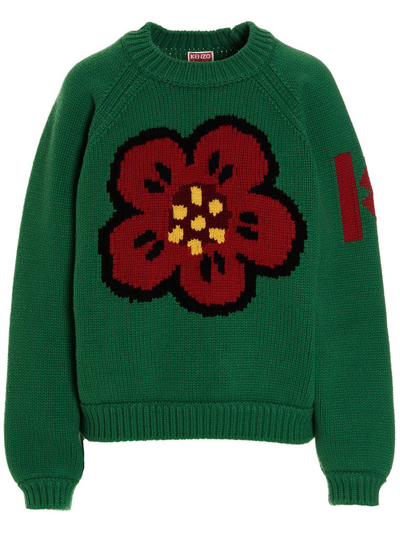 Shop Kenzo Flower Intarsia Knitted Crewneck Jumper In Green