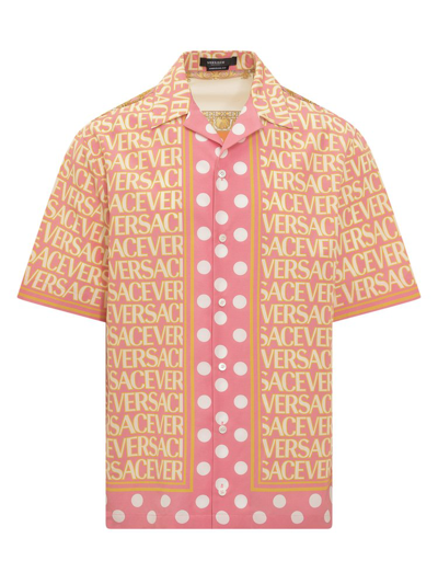 Shop Versace Allover Logo Printed Short Sleeved Shirt In Multi