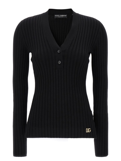 Shop Dolce & Gabbana Dg Plaque Ribbed Sweater In Black