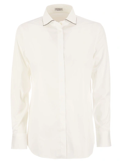 Shop Brunello Cucinelli Stretch Cotton Poplin Shirt With Shiny Collar Trim In White