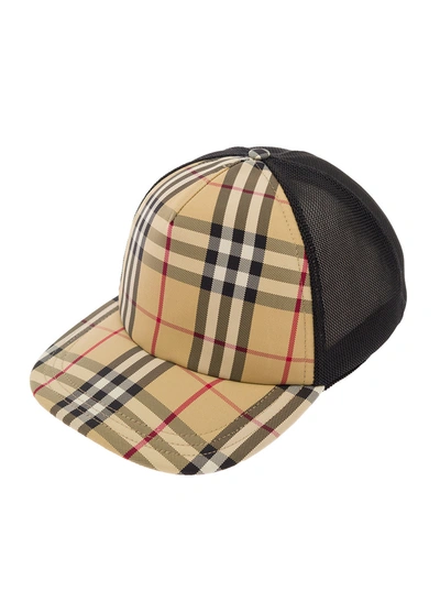 Shop Burberry Beige Baseball Cap With Vintage Check Motif And Mesh Insert In Nylon Man