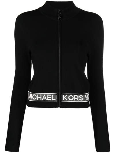 Shop Michael Michael Kors Logo-tape Zip-up Cardigan In Black