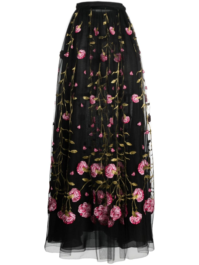 Shop Giambattista Valli Floral-embroidered Tulle Maxi Skirt In Schwarz